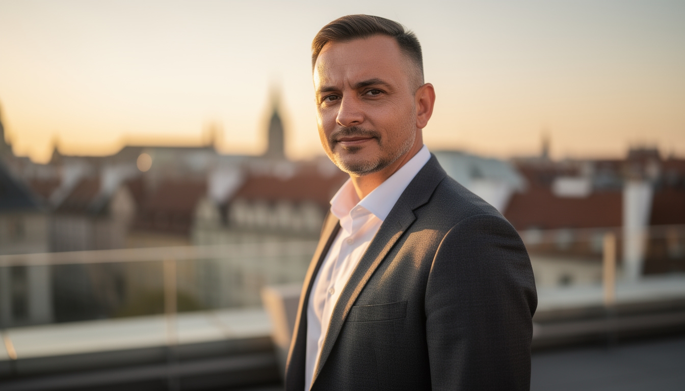 Prowadzący kurs strategii treści Pemele na tarasie biurowym
