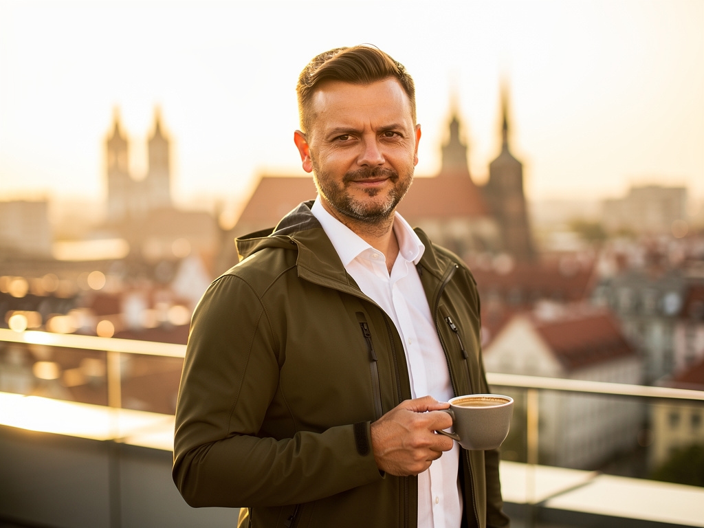 Prowadzący kurs podczas spotkania na tarasie z widokiem na miasto